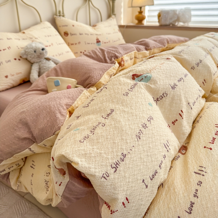 梦舒阳家纺 新款泡芙棉双层纱四件套皱皱纱四季款泡芙纱四件套现货充足 字母熊