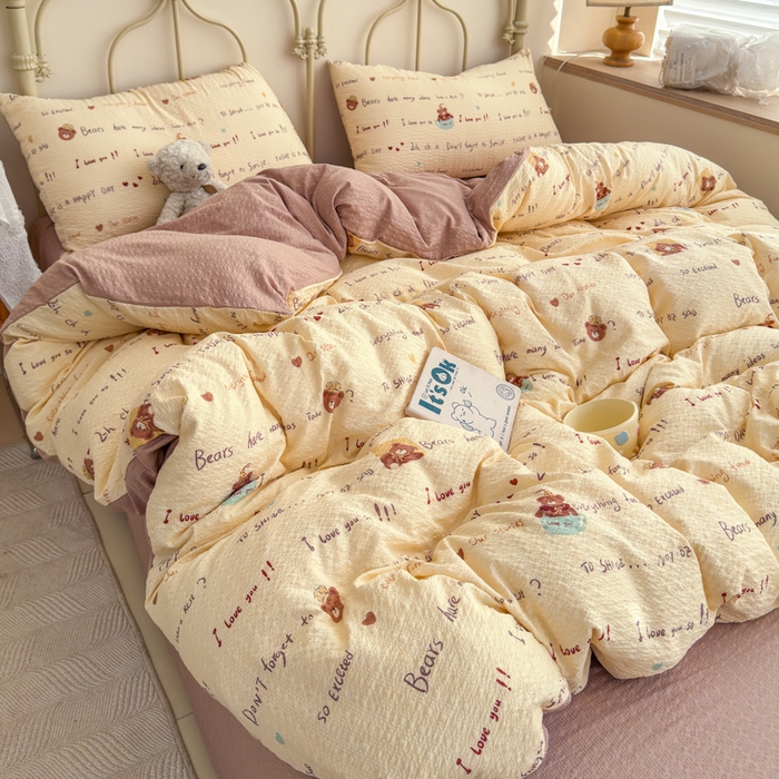 91家纺网 家纺一手货源 找家纺 梦舒阳家纺 新款泡芙棉双层纱四件套皱皱纱四季款泡芙纱四件套现货充足 字母熊