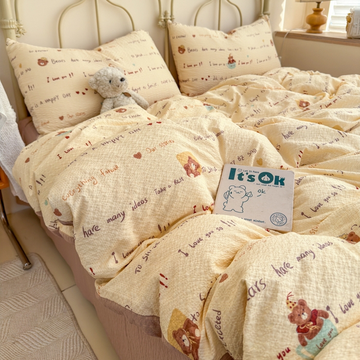 91家纺网 家纺一手货源 找家纺 梦舒阳家纺 新款泡芙棉双层纱四件套皱皱纱四季款泡芙纱四件套现货充足 字母熊