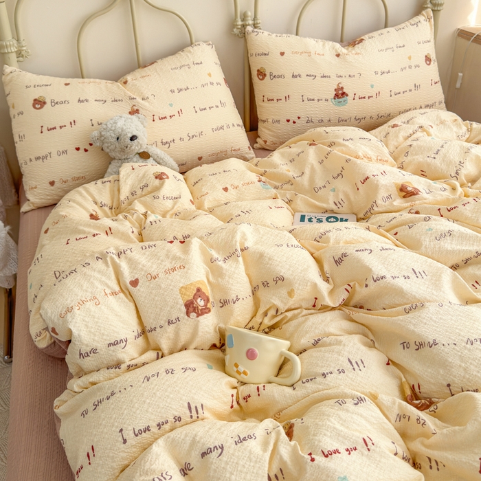 91家纺网 家纺一手货源 找家纺 梦舒阳家纺 新款泡芙棉双层纱四件套皱皱纱四季款泡芙纱四件套现货充足 字母熊