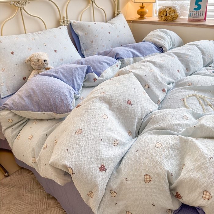 91家纺网 家纺一手货源 找家纺 梦舒阳家纺 新款泡芙棉双层纱四件套皱皱纱四季款泡芙纱四件套现货充足 兰心