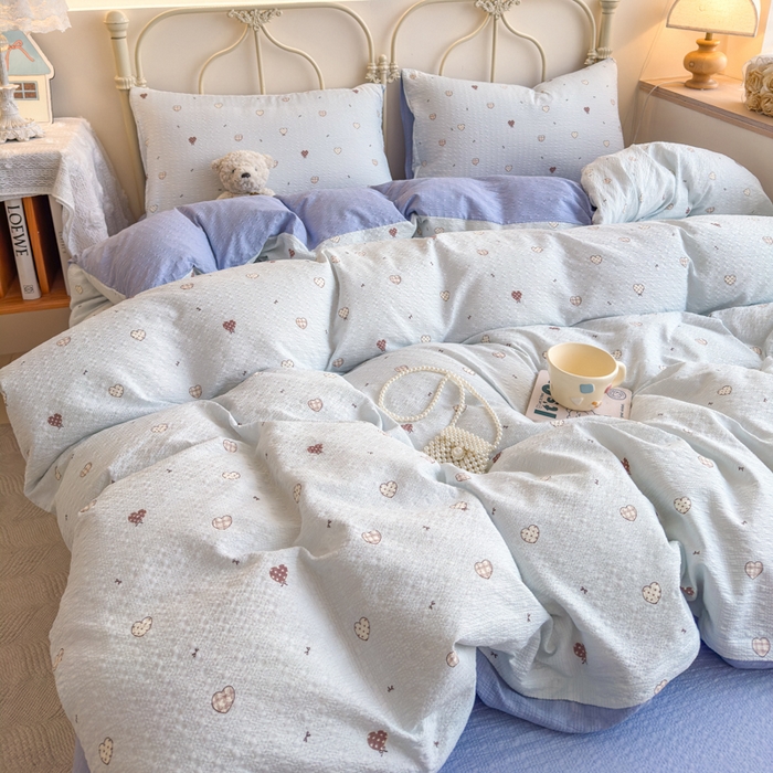 91家纺网 家纺一手货源 找家纺 梦舒阳家纺 新款泡芙棉双层纱四件套皱皱纱四季款泡芙纱四件套现货充足 兰心