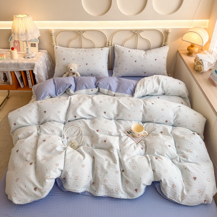 91家纺网 家纺一手货源 找家纺 梦舒阳家纺 新款泡芙棉双层纱四件套皱皱纱四季款泡芙纱四件套现货充足 兰心