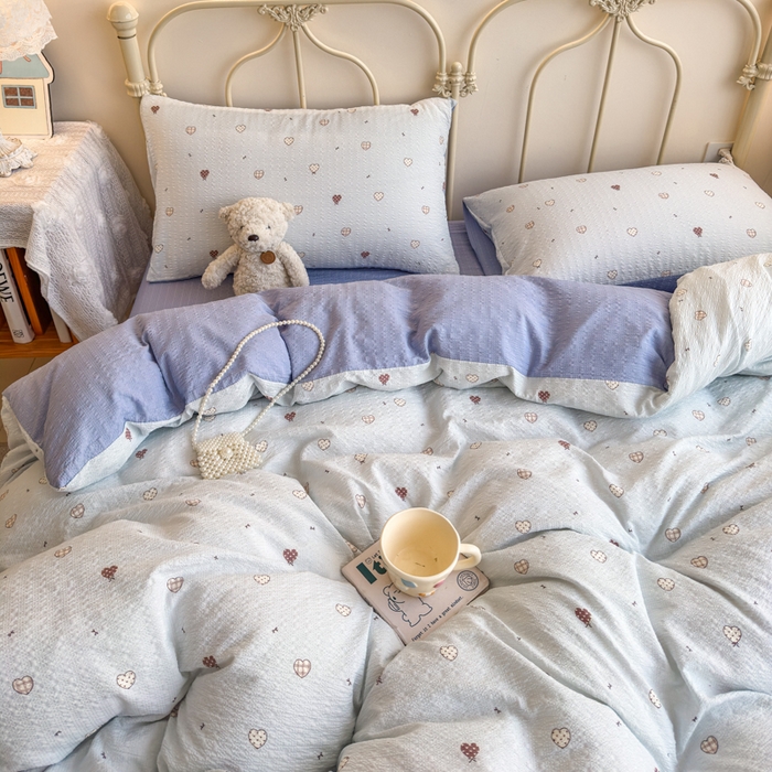 91家纺网 家纺一手货源 找家纺 梦舒阳家纺 新款泡芙棉双层纱四件套皱皱纱四季款泡芙纱四件套现货充足 兰心