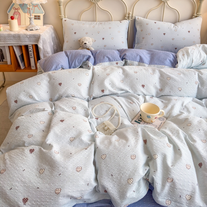 91家纺网 家纺一手货源 找家纺 梦舒阳家纺 新款泡芙棉双层纱四件套皱皱纱四季款泡芙纱四件套现货充足 兰心