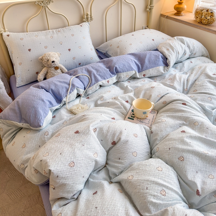 91家纺网 家纺一手货源 找家纺 梦舒阳家纺 新款泡芙棉双层纱四件套皱皱纱四季款泡芙纱四件套现货充足 兰心