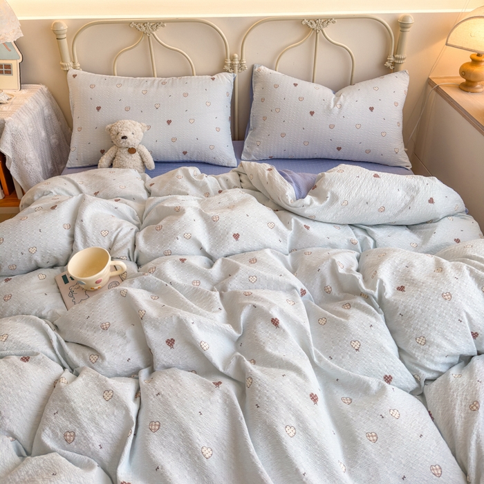 91家纺网 家纺一手货源 找家纺 梦舒阳家纺 新款泡芙棉双层纱四件套皱皱纱四季款泡芙纱四件套现货充足 兰心