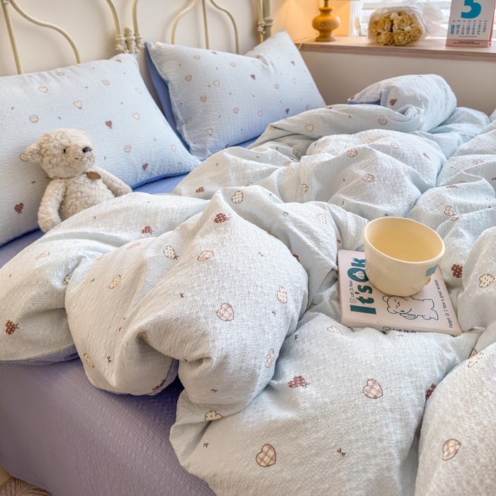 91家纺网 家纺一手货源 找家纺 梦舒阳家纺 新款泡芙棉双层纱四件套皱皱纱四季款泡芙纱四件套现货充足 兰心