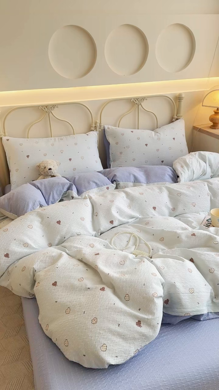 91家纺网 家纺一手货源 找家纺 梦舒阳家纺 新款泡芙棉双层纱四件套皱皱纱四季款泡芙纱四件套现货充足 兰心