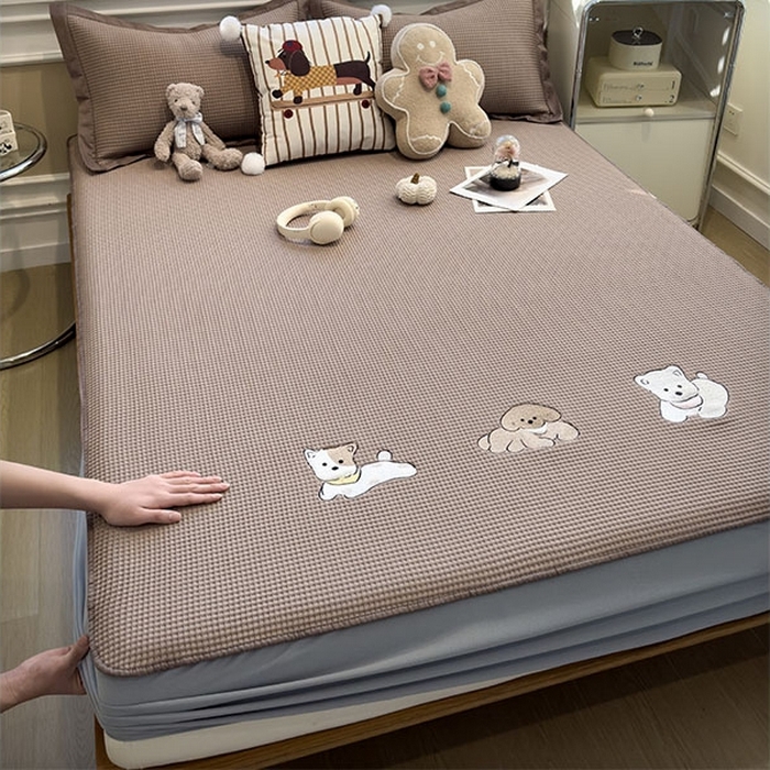 莱家富 2026新款A类乙纶冰豆豆凉席冰丝席-华夫格绣花床笠 躺躺岛-咖