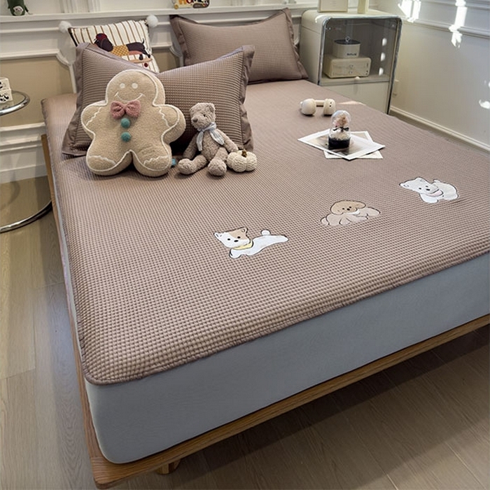 91家纺网 家纺一手货源 找家纺 莱家富 2026新款A类乙纶冰豆豆凉席冰丝席-华夫格绣花床笠 躺躺岛-咖