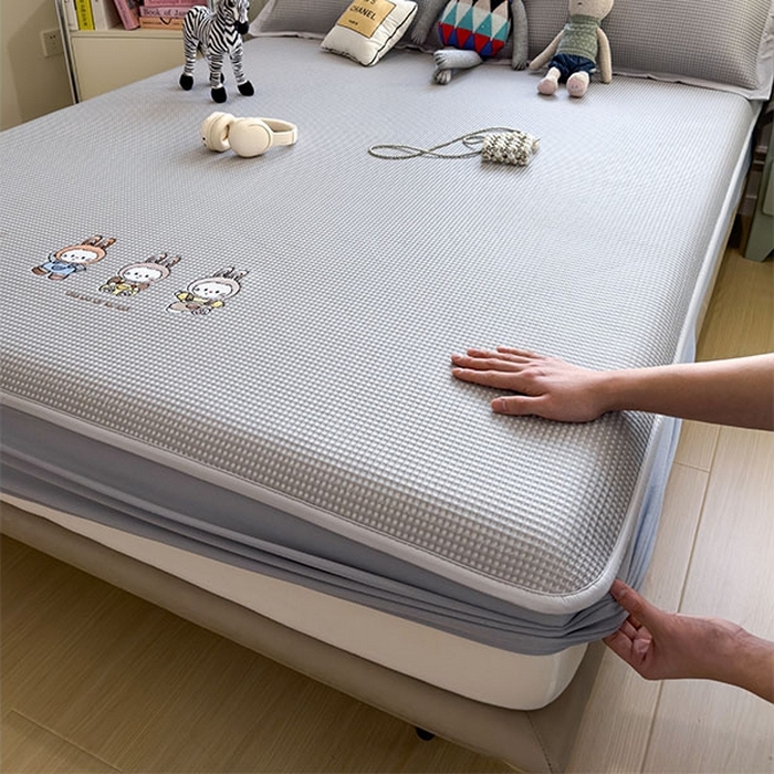 91家纺网 家纺一手货源 找家纺 莱家富 2026新款A类乙纶冰豆豆凉席冰丝席-华夫格绣花床笠 兔免星人