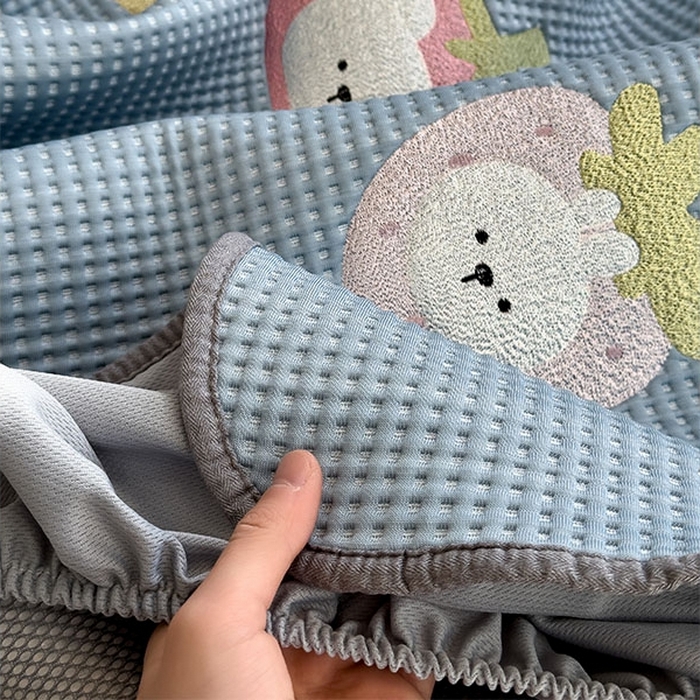 91家纺网 家纺一手货源 找家纺 莱家富 2026新款A类乙纶冰豆豆凉席冰丝席-华夫格绣花床笠 奶冻喵-蓝