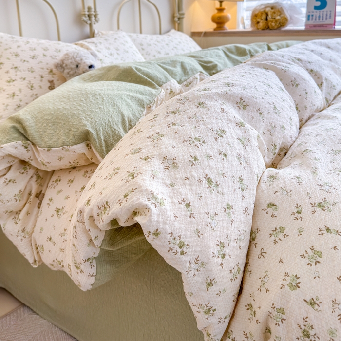 梦舒阳家纺 新款泡芙棉双层纱四件套皱皱纱四季款泡芙纱四件套现货充足 绿叶初开