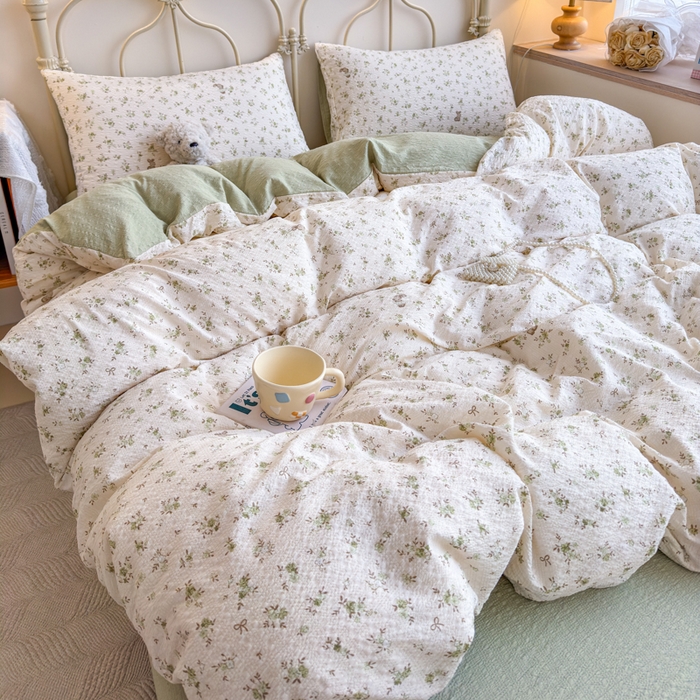 91家纺网 家纺一手货源 找家纺 梦舒阳家纺 新款泡芙棉双层纱四件套皱皱纱四季款泡芙纱四件套现货充足 绿叶初开