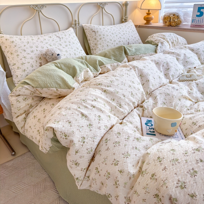 91家纺网 家纺一手货源 找家纺 梦舒阳家纺 新款泡芙棉双层纱四件套皱皱纱四季款泡芙纱四件套现货充足 绿叶初开