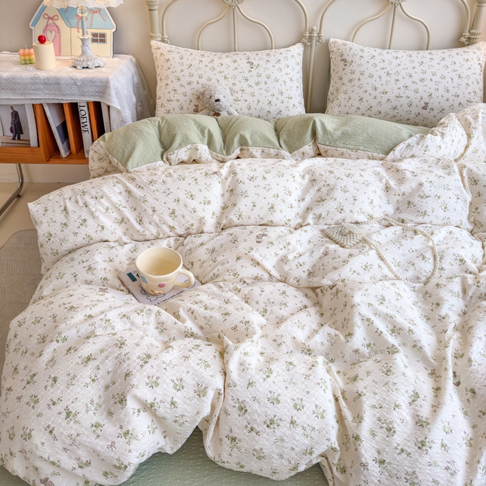 91家纺网 家纺一手货源 找家纺 梦舒阳家纺 新款泡芙棉双层纱四件套皱皱纱四季款泡芙纱四件套现货充足 绿叶初开