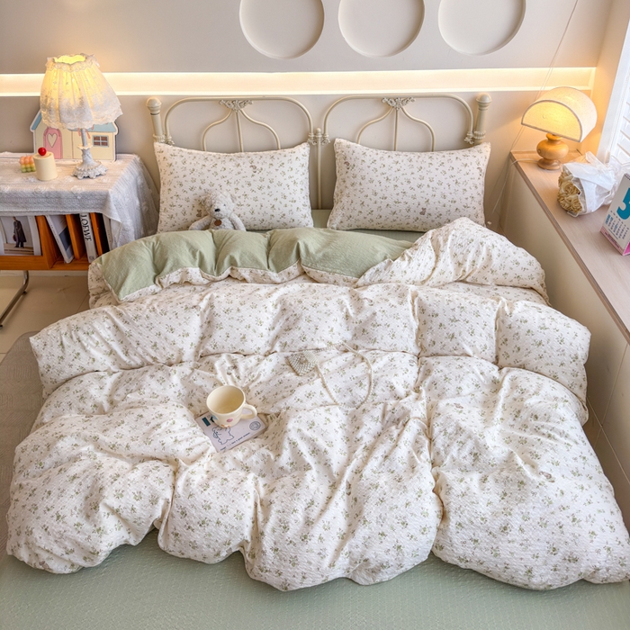 91家纺网 家纺一手货源 找家纺 梦舒阳家纺 新款泡芙棉双层纱四件套皱皱纱四季款泡芙纱四件套现货充足 绿叶初开