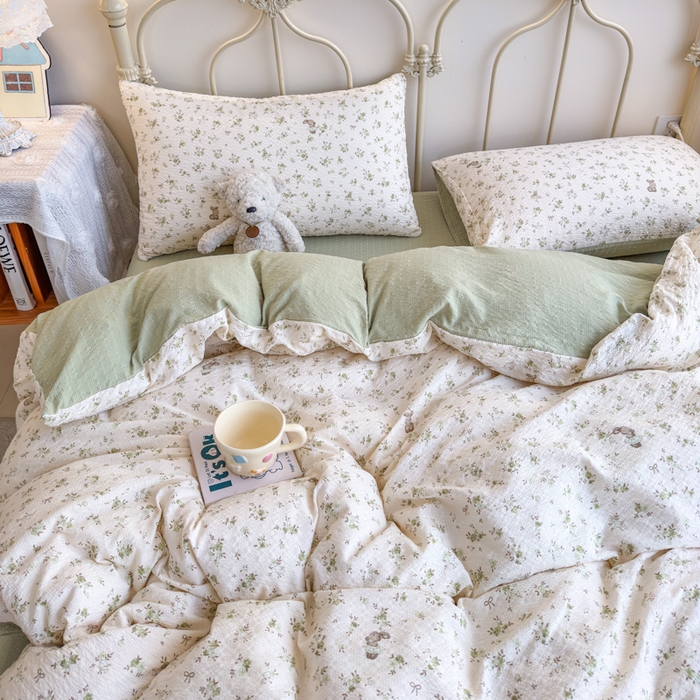 91家纺网 家纺一手货源 找家纺 梦舒阳家纺 新款泡芙棉双层纱四件套皱皱纱四季款泡芙纱四件套现货充足 绿叶初开