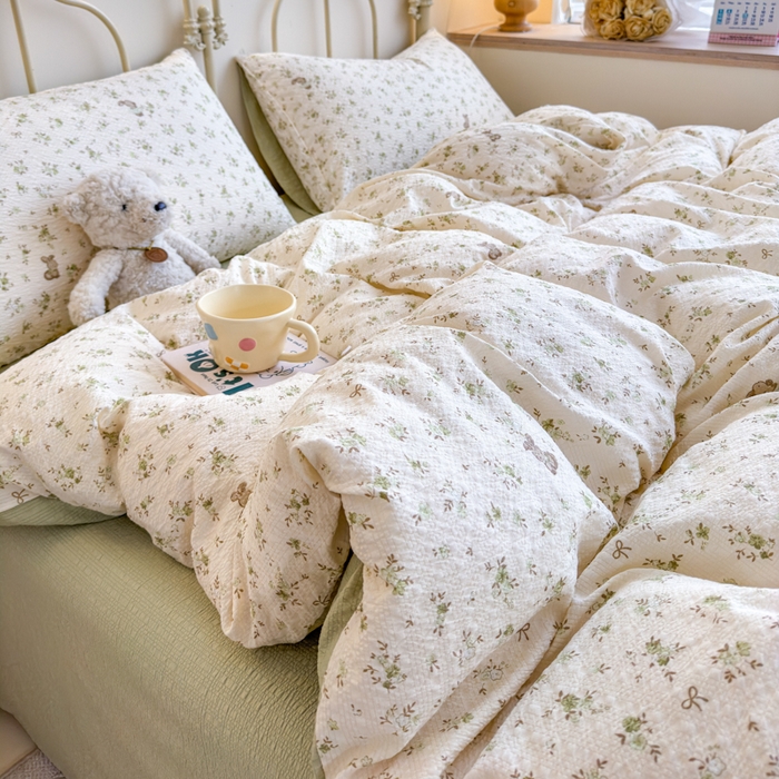 91家纺网 家纺一手货源 找家纺 梦舒阳家纺 新款泡芙棉双层纱四件套皱皱纱四季款泡芙纱四件套现货充足 绿叶初开