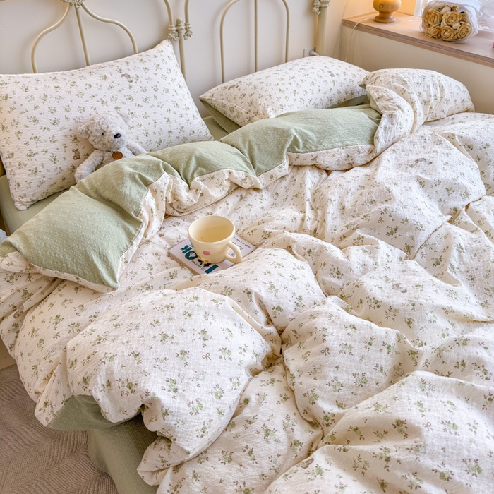 91家纺网 家纺一手货源 找家纺 梦舒阳家纺 新款泡芙棉双层纱四件套皱皱纱四季款泡芙纱四件套现货充足 绿叶初开