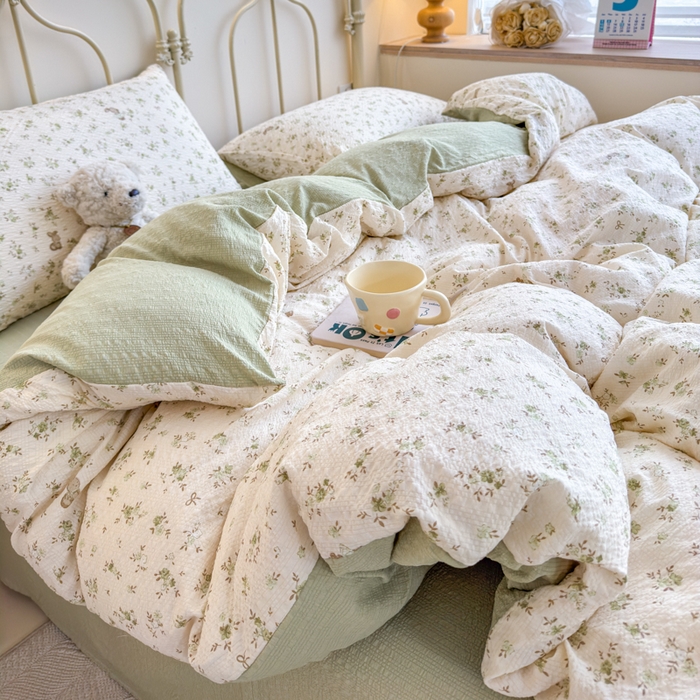 91家纺网 家纺一手货源 找家纺 梦舒阳家纺 新款泡芙棉双层纱四件套皱皱纱四季款泡芙纱四件套现货充足 绿叶初开