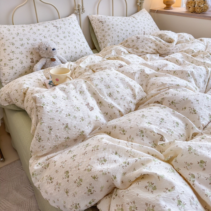 91家纺网 家纺一手货源 找家纺 梦舒阳家纺 新款泡芙棉双层纱四件套皱皱纱四季款泡芙纱四件套现货充足 绿叶初开