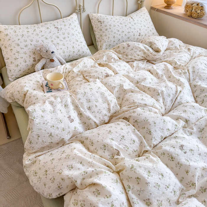 91家纺网 家纺一手货源 找家纺 梦舒阳家纺 新款泡芙棉双层纱四件套皱皱纱四季款泡芙纱四件套现货充足 绿叶初开