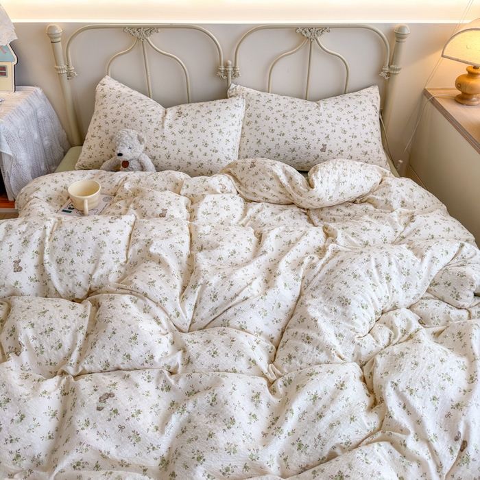 91家纺网 家纺一手货源 找家纺 梦舒阳家纺 新款泡芙棉双层纱四件套皱皱纱四季款泡芙纱四件套现货充足 绿叶初开