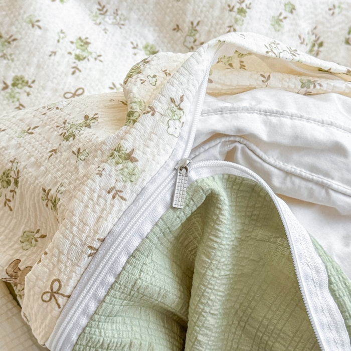 91家纺网 家纺一手货源 找家纺 梦舒阳家纺 新款泡芙棉双层纱四件套皱皱纱四季款泡芙纱四件套现货充足 绿叶初开