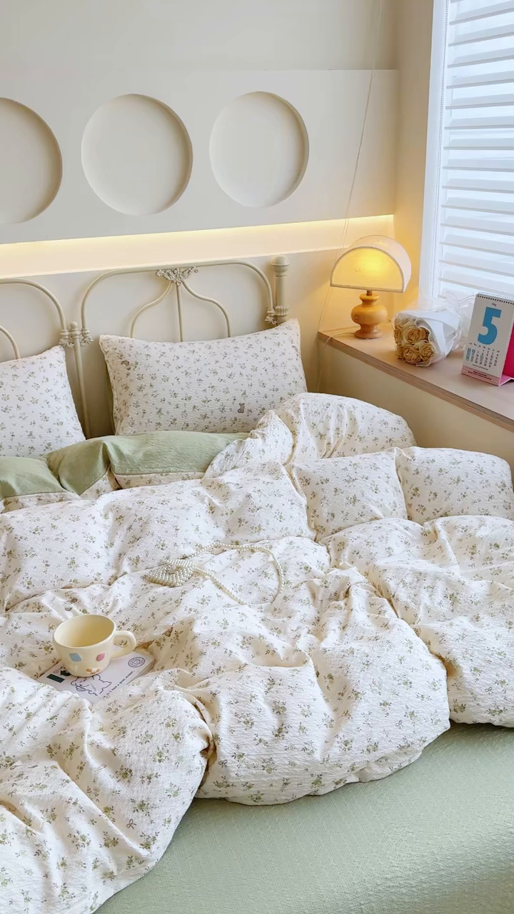 91家纺网 家纺一手货源 找家纺 梦舒阳家纺 新款泡芙棉双层纱四件套皱皱纱四季款泡芙纱四件套现货充足 绿叶初开