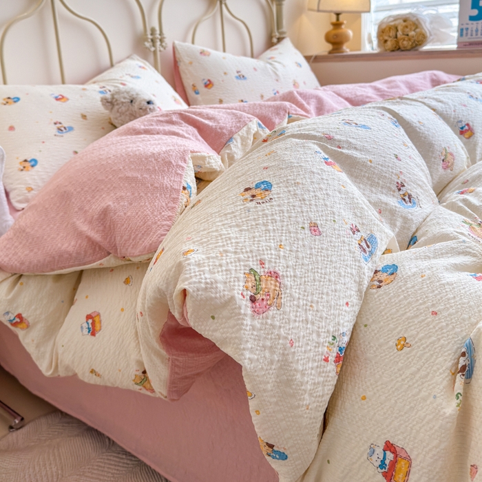 梦舒阳家纺 新款泡芙棉双层纱四件套皱皱纱四季款泡芙纱四件套现货充足 趣味猫