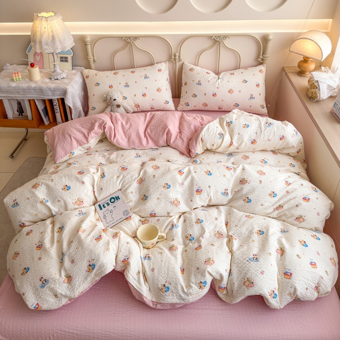 91家纺网 家纺一手货源 找家纺 梦舒阳家纺 新款泡芙棉双层纱四件套皱皱纱四季款泡芙纱四件套现货充足 趣味猫