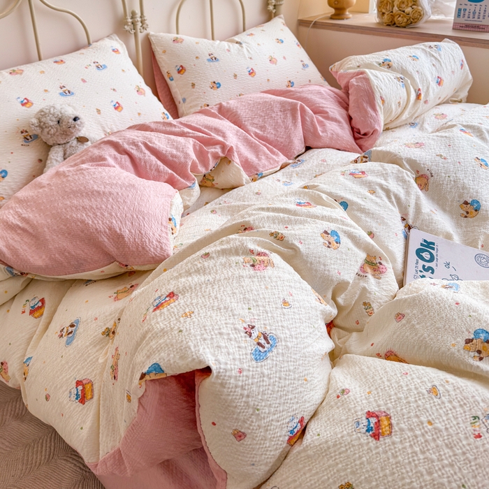 91家纺网 家纺一手货源 找家纺 梦舒阳家纺 新款泡芙棉双层纱四件套皱皱纱四季款泡芙纱四件套现货充足 趣味猫