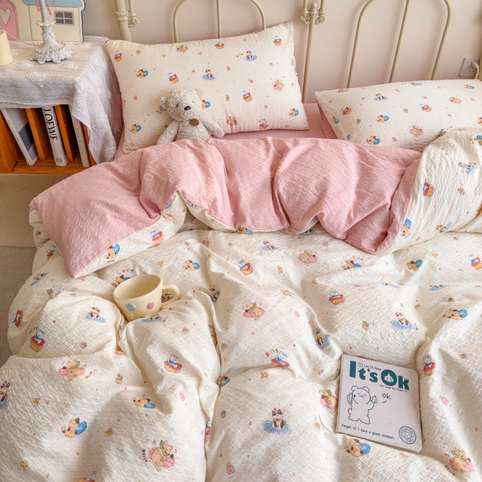 91家纺网 家纺一手货源 找家纺 梦舒阳家纺 新款泡芙棉双层纱四件套皱皱纱四季款泡芙纱四件套现货充足 趣味猫