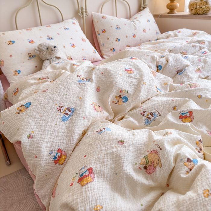 91家纺网 家纺一手货源 找家纺 梦舒阳家纺 新款泡芙棉双层纱四件套皱皱纱四季款泡芙纱四件套现货充足 趣味猫