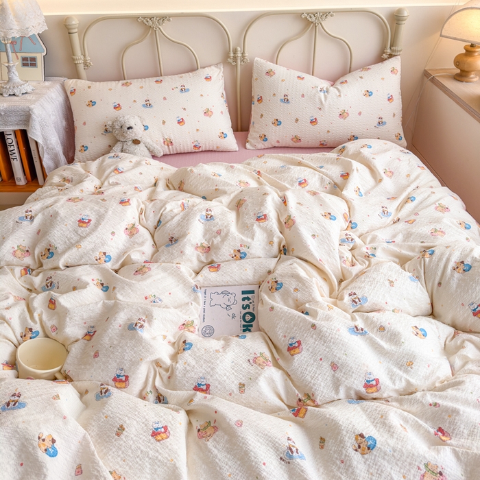 91家纺网 家纺一手货源 找家纺 梦舒阳家纺 新款泡芙棉双层纱四件套皱皱纱四季款泡芙纱四件套现货充足 趣味猫