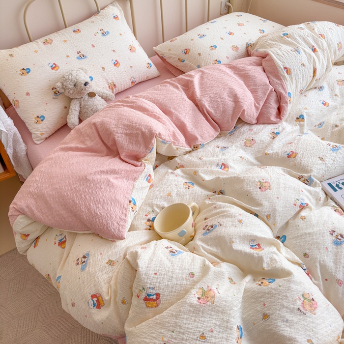 91家纺网 家纺一手货源 找家纺 梦舒阳家纺 新款泡芙棉双层纱四件套皱皱纱四季款泡芙纱四件套现货充足 趣味猫