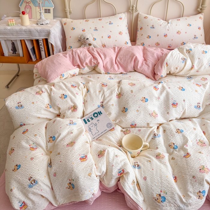 91家纺网 家纺一手货源 找家纺 梦舒阳家纺 新款泡芙棉双层纱四件套皱皱纱四季款泡芙纱四件套现货充足 趣味猫