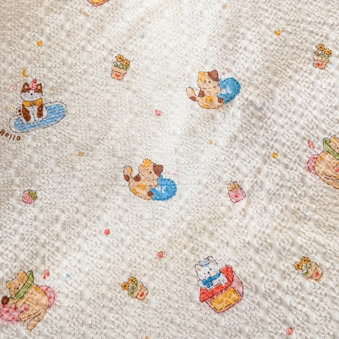 91家纺网 家纺一手货源 找家纺 梦舒阳家纺 新款泡芙棉双层纱四件套皱皱纱四季款泡芙纱四件套现货充足 趣味猫