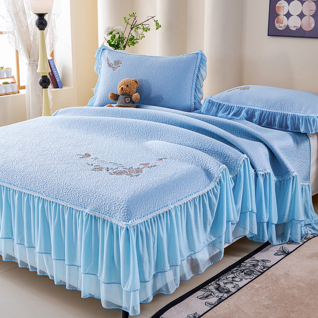 91家纺网 家纺一手货源 找家纺 莱家富 2026新款A类凉感豆豆席床裙款凉席席子-闭月羞花 闭月羞花-蓝