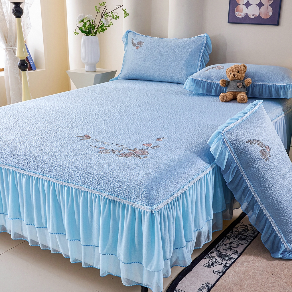 91家纺网 家纺一手货源 找家纺 莱家富 2026新款A类凉感豆豆席床裙款凉席席子-闭月羞花 闭月羞花-蓝