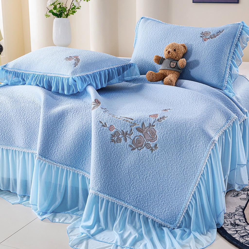 91家纺网 家纺一手货源 找家纺 莱家富 2026新款A类凉感豆豆席床裙款凉席席子-闭月羞花 闭月羞花-蓝