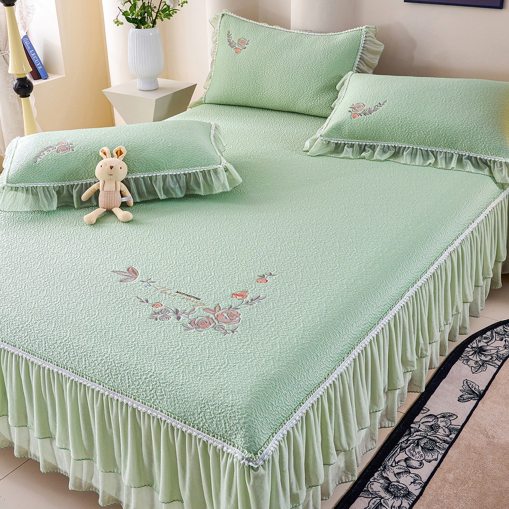 91家纺网 家纺一手货源 找家纺 莱家富 2026新款A类凉感豆豆席床裙款凉席席子-闭月羞花 闭月羞花-绿