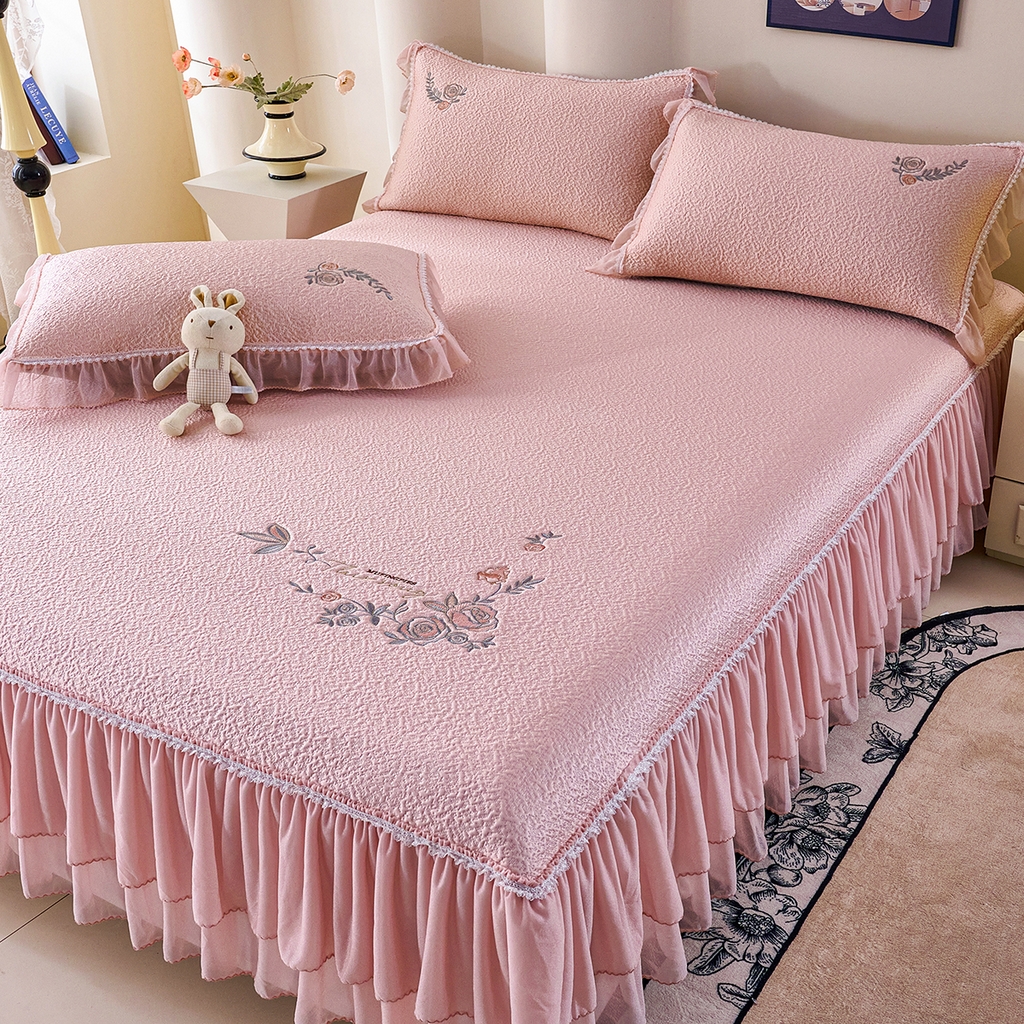 91家纺网 家纺一手货源 找家纺 莱家富 2026新款A类凉感豆豆席床裙款凉席席子-闭月羞花 闭月羞花-粉