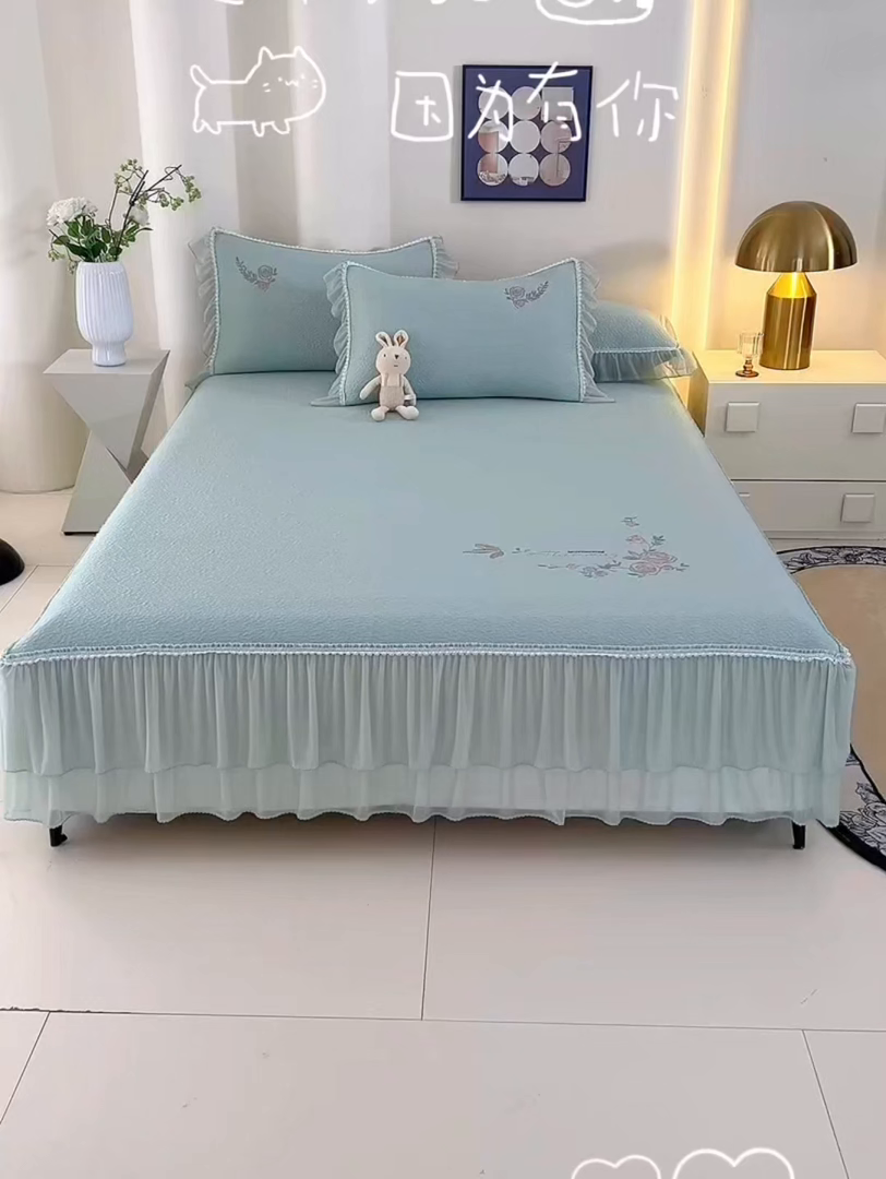 91家纺网 家纺一手货源 找家纺 莱家富 2026新款A类凉感豆豆席床裙款凉席席子-闭月羞花 闭月羞花-绿