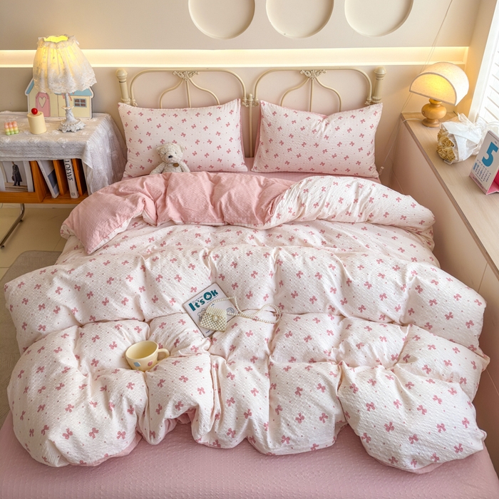 91家纺网 家纺一手货源 找家纺 梦舒阳家纺 新款泡芙棉双层纱四件套皱皱纱四季款泡芙纱四件套现货充足 若梦