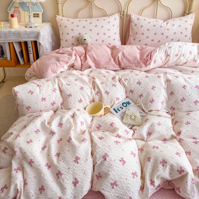 91家纺网 家纺一手货源 找家纺 梦舒阳家纺 新款泡芙棉双层纱四件套皱皱纱四季款泡芙纱四件套现货充足 若梦