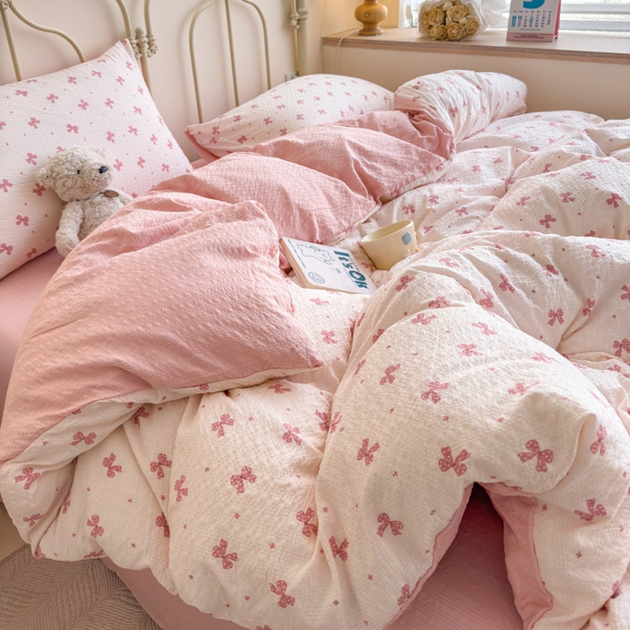 91家纺网 家纺一手货源 找家纺 梦舒阳家纺 新款泡芙棉双层纱四件套皱皱纱四季款泡芙纱四件套现货充足 若梦