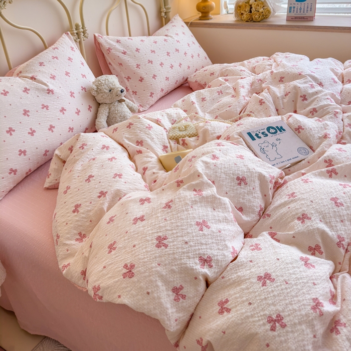 91家纺网 家纺一手货源 找家纺 梦舒阳家纺 新款泡芙棉双层纱四件套皱皱纱四季款泡芙纱四件套现货充足 若梦